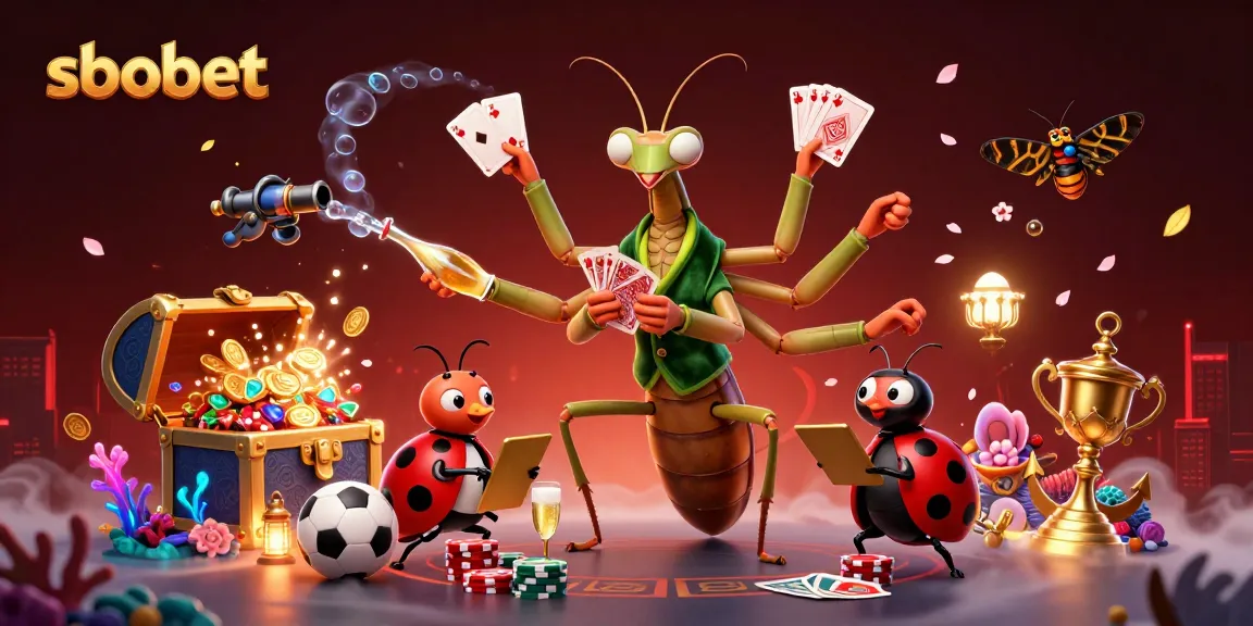 SBOBET sports betting scene with a giant mantis and ladybug pit boss at a vibrant casino table.