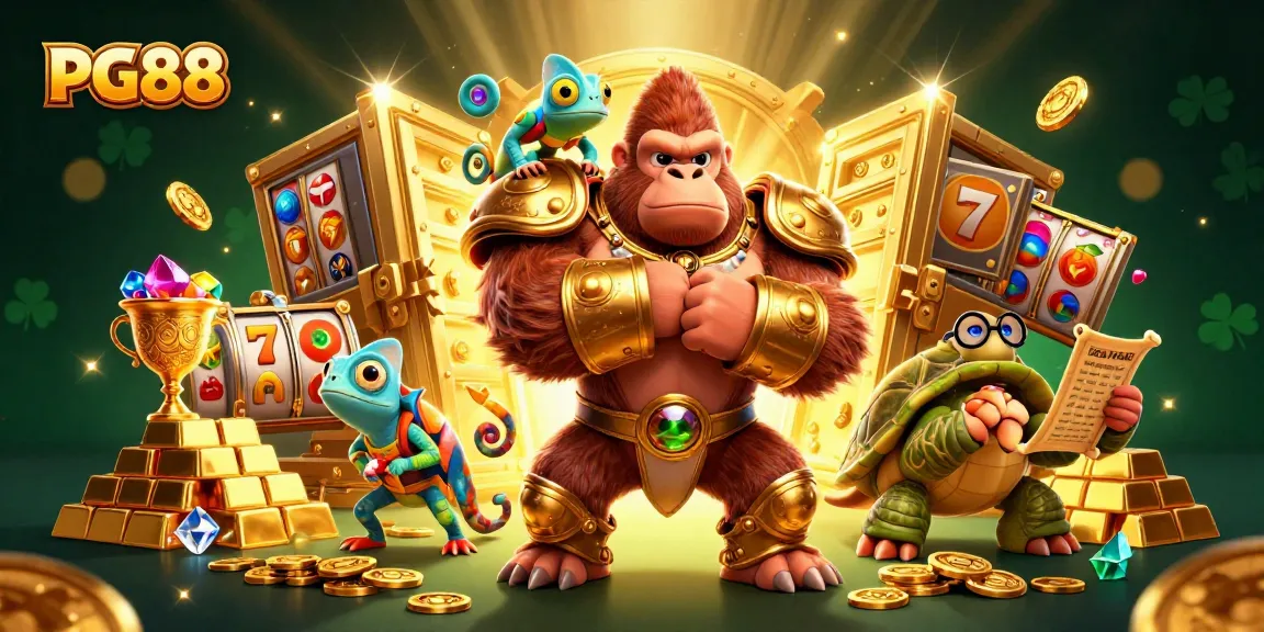 Experience PG88 with a dynamic scene featuring a gorilla king, chameleon companion, and tortoise elder amidst shimmering casino treasures.
