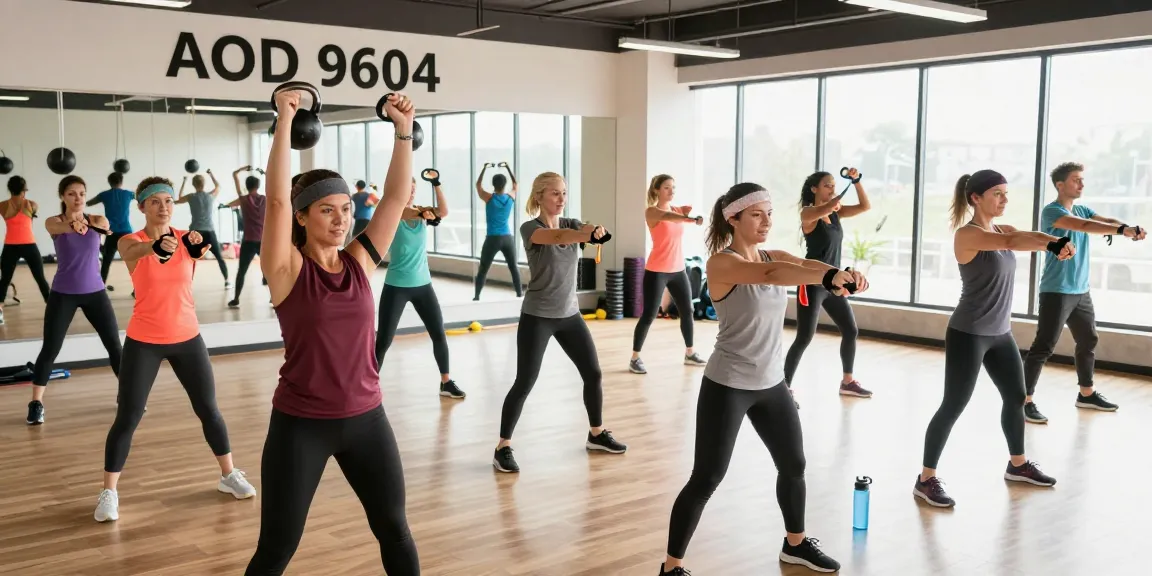 AOD 9604 workout class in a modern fitness studio featuring an enthusiastic instructor and participants engaged in high-energy exercises.