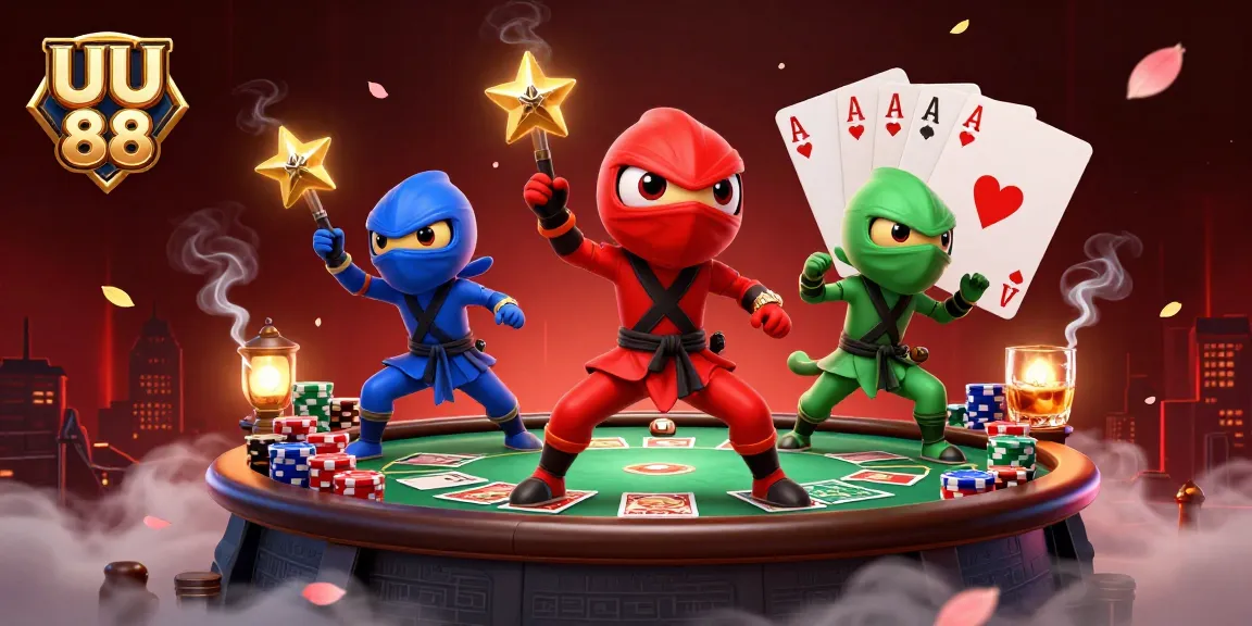 UU 88 showcases a dynamic chameleon team mastering poker with vibrant illustrations in a casino setting.