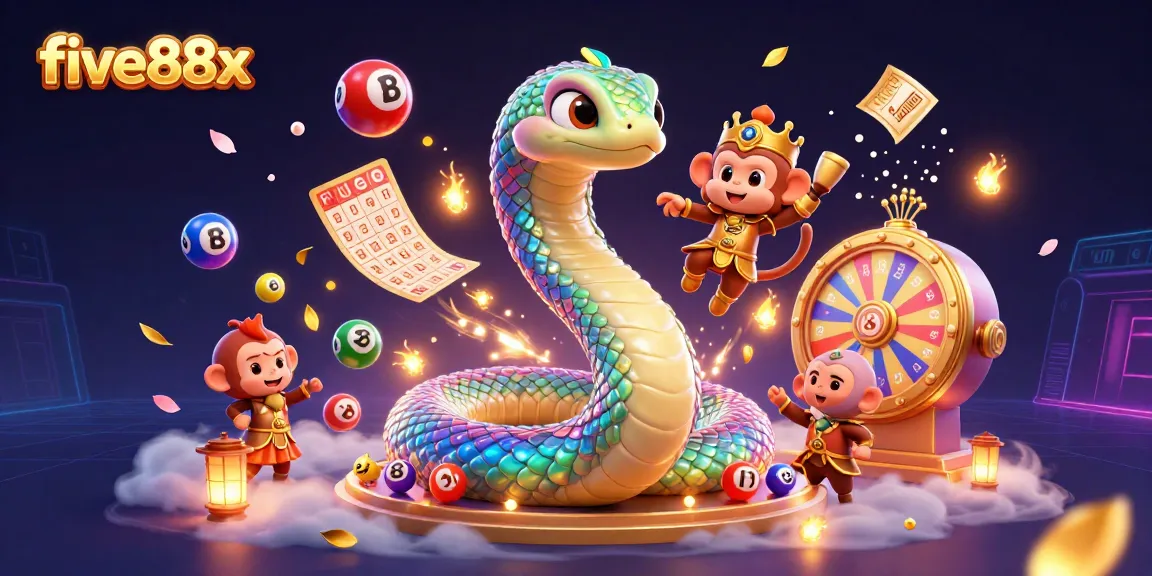 Experience the vibrant world of five88x with a playful monkey king and a rainbow serpent amidst dynamic gambling elements.
