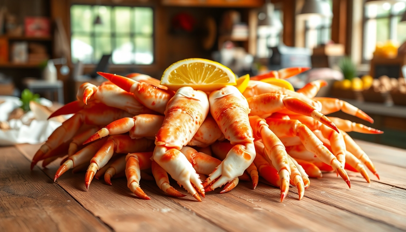 Snow crab wholesale supplier showcasing fresh snow crab clusters in a rustic seafood setting.