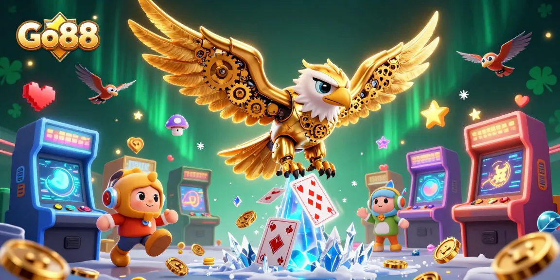 Experience thrilling gameplay at Go88 with a dynamic golden eagle amidst holographic casino cards.