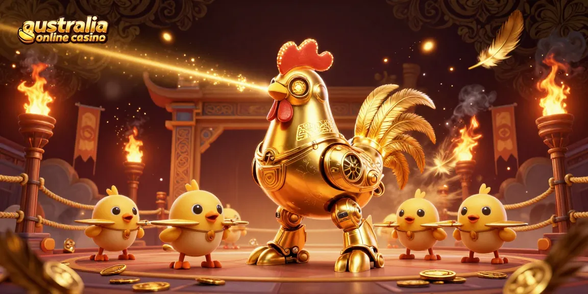 Witness the excitement of the australia online casino with vibrant golden rooster robot and fun elements.