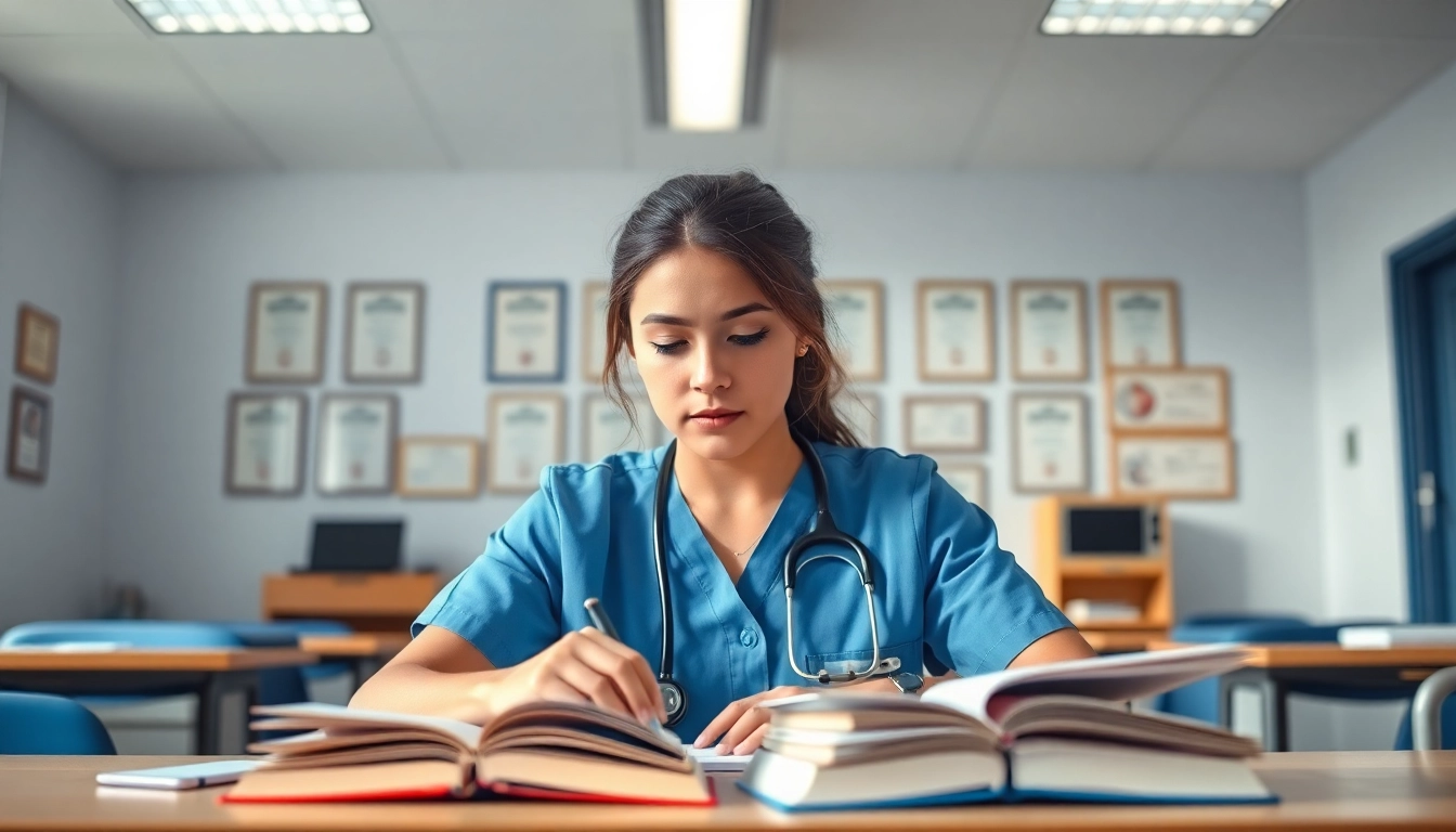 Focused student preparing for the NGN NCLEX review Houston with books and technology in a bright classroom.