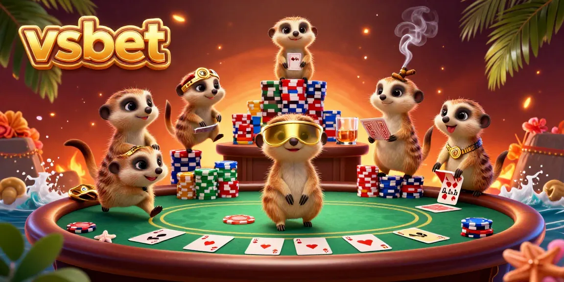 Experience the dynamic excitement of vsbet with meerkats managing a colorful casino scene filled with poker action.