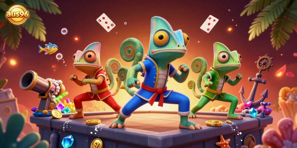 Experience thrilling moments with aus96, capturing chameleons in action amidst a backdrop of vibrant casino elements.