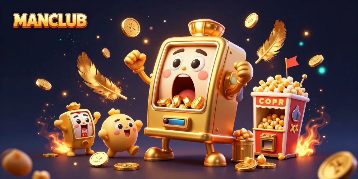 Experience the excitement of MANCLUB with a thrilling jackpot scene featuring slot machines and gold coins.