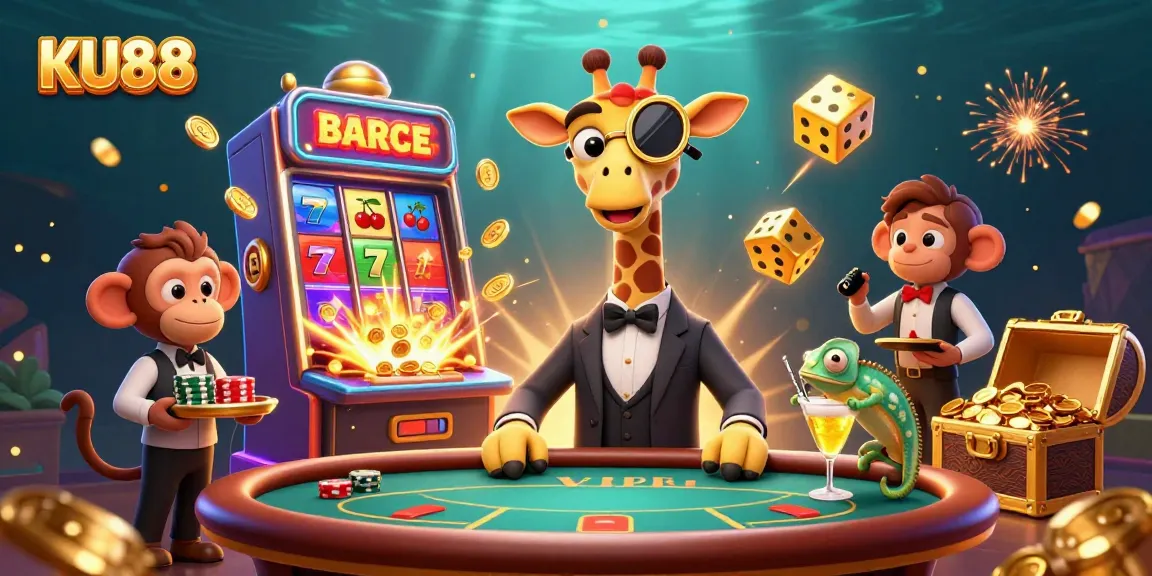 Join the high-stakes fun at KU88 with a giraffe in a tuxedo and a vibrant casino scene.