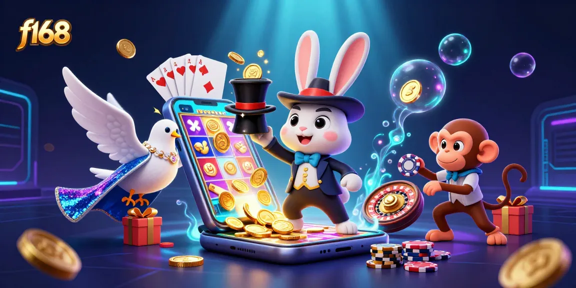 Win gold coins with f168 - A magician rabbit, sequined dove, and cheeky monkey at a lively casino scene.