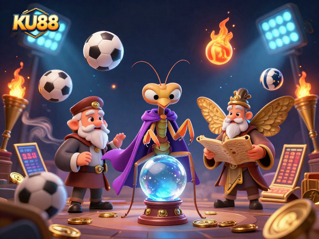 Bet on sports and immerse in fantasy with KU88's vibrant casino illustration featuring fortune tellers.