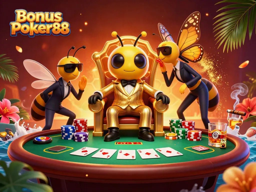 Experience the excitement of Bonus Poker88 with a vibrant 3D casino illustration featuring thrilling poker action.