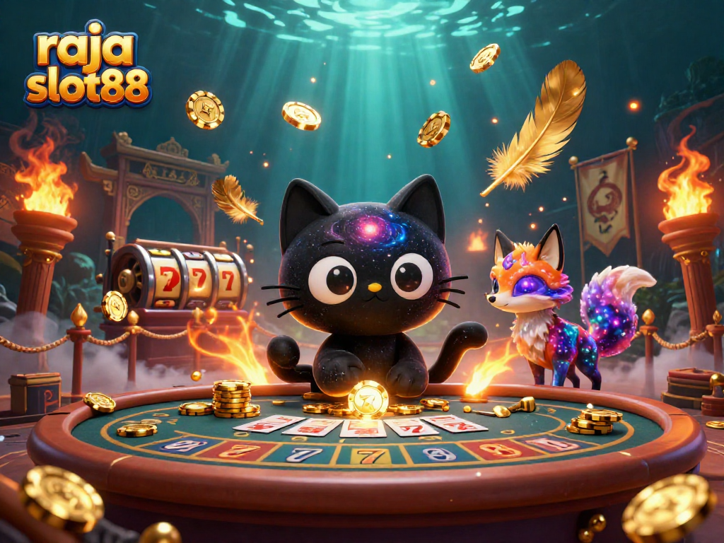 Experience the thrill of raja slot88 in a cosmic casino with vibrant characters and slot reels.