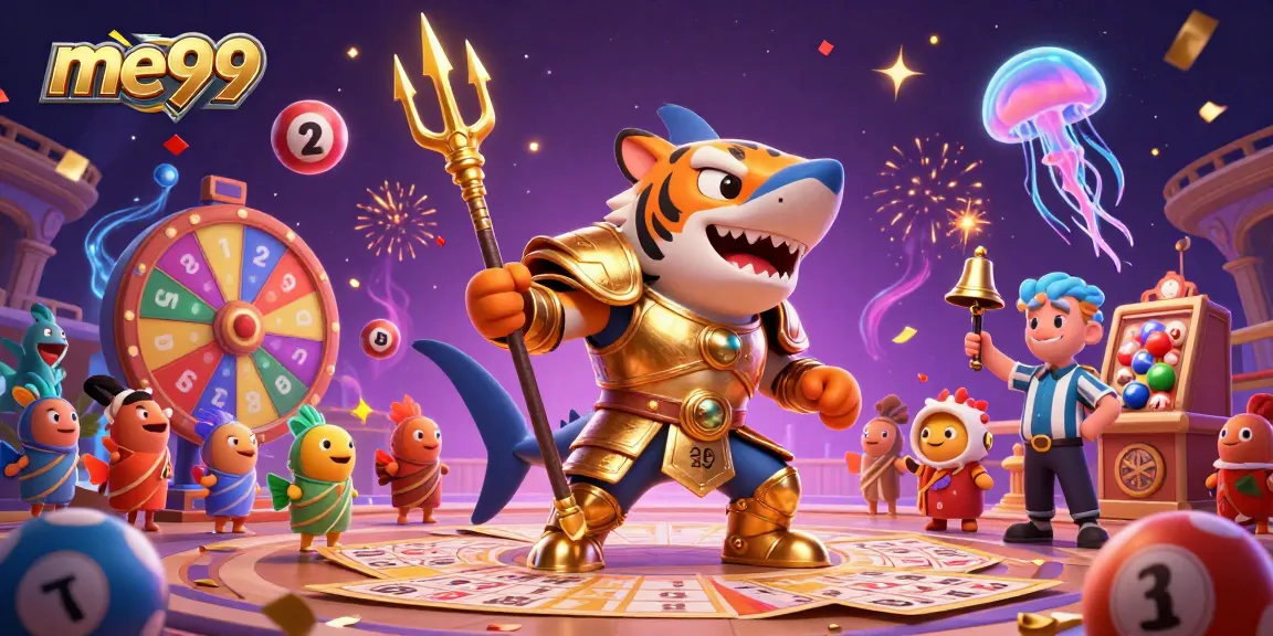 Experience thrilling games at me99 with an underwater colosseum featuring a tiger shark gladiator and vibrant lottery elements.
