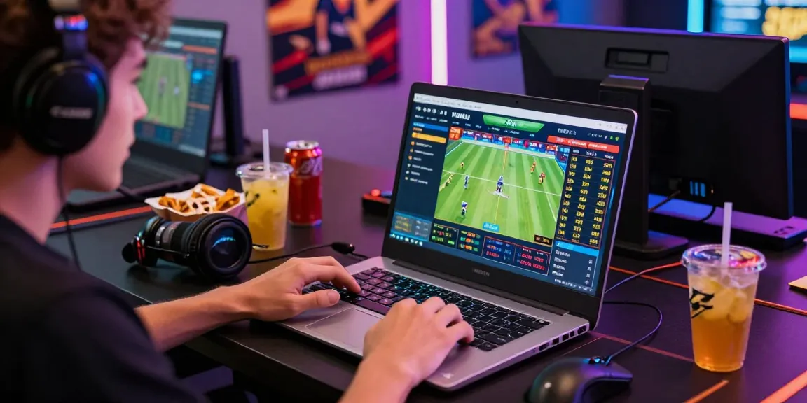Menikmati permainan delapan toto secara online dengan laptop dan peralatan gaming.