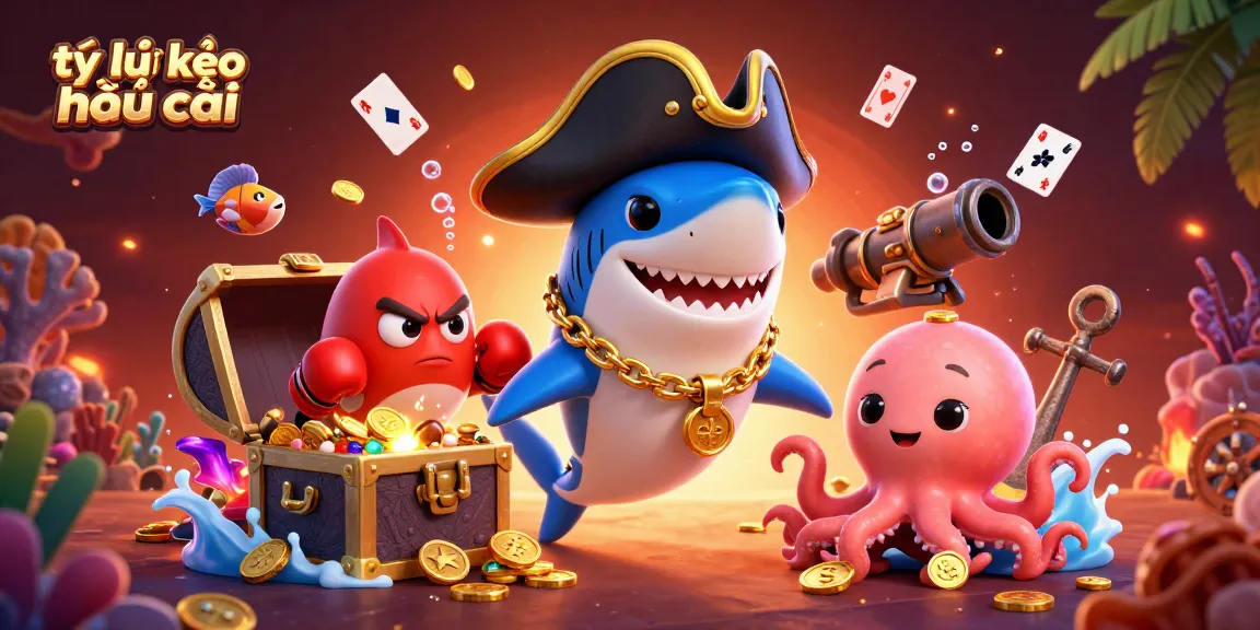 Experience thrilling sports betting with tỷ lệ kèo nhà cái illustrated by a pirate shark and friends.