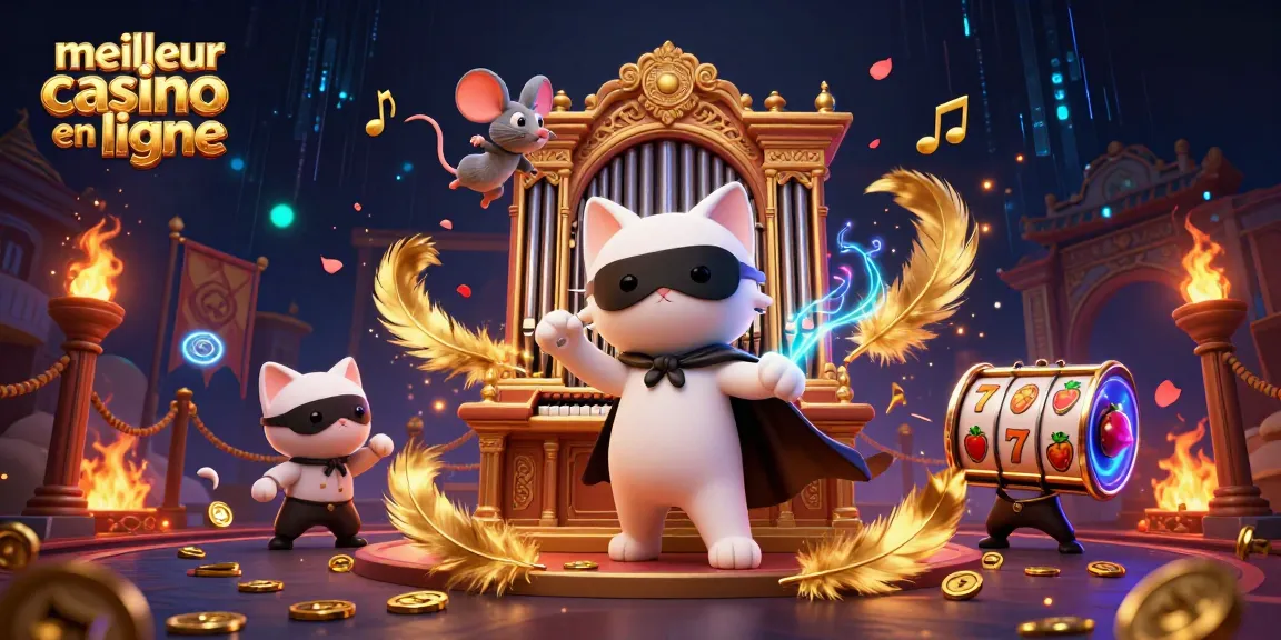 Découvrez le meilleur casino en ligne avec cette illustration dynamique mettant en scène un chat fantôme jouant au pipeau entouré d'acrobates.