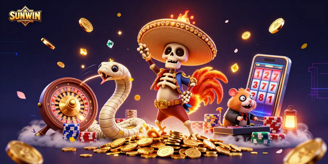 SUNWIN showcases a vibrant 3D casino scene with a dancing mariachi rooster, a mummy snake, and a DJ hamster.