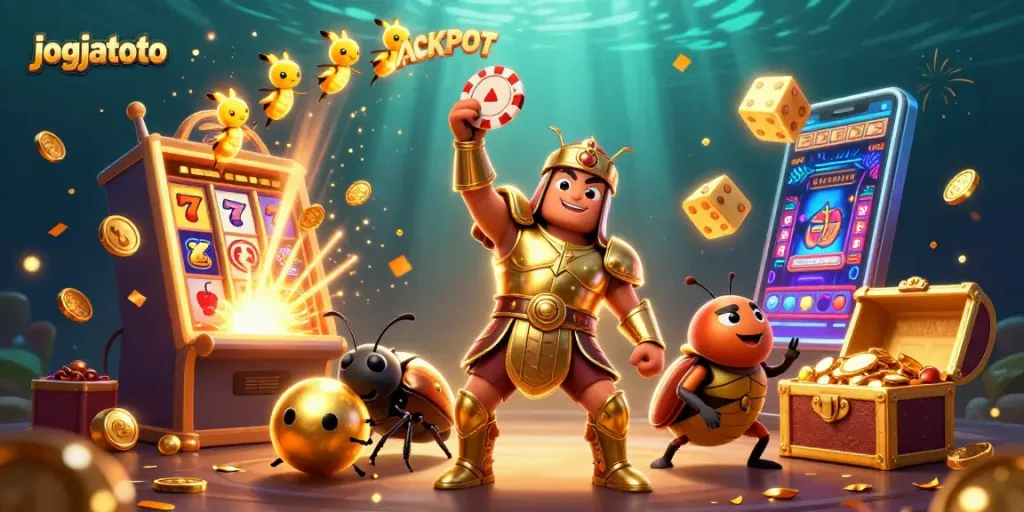 Experience thrilling wins at jogjatoto with a vibrant illustration showcasing a victorious beetle and slots.