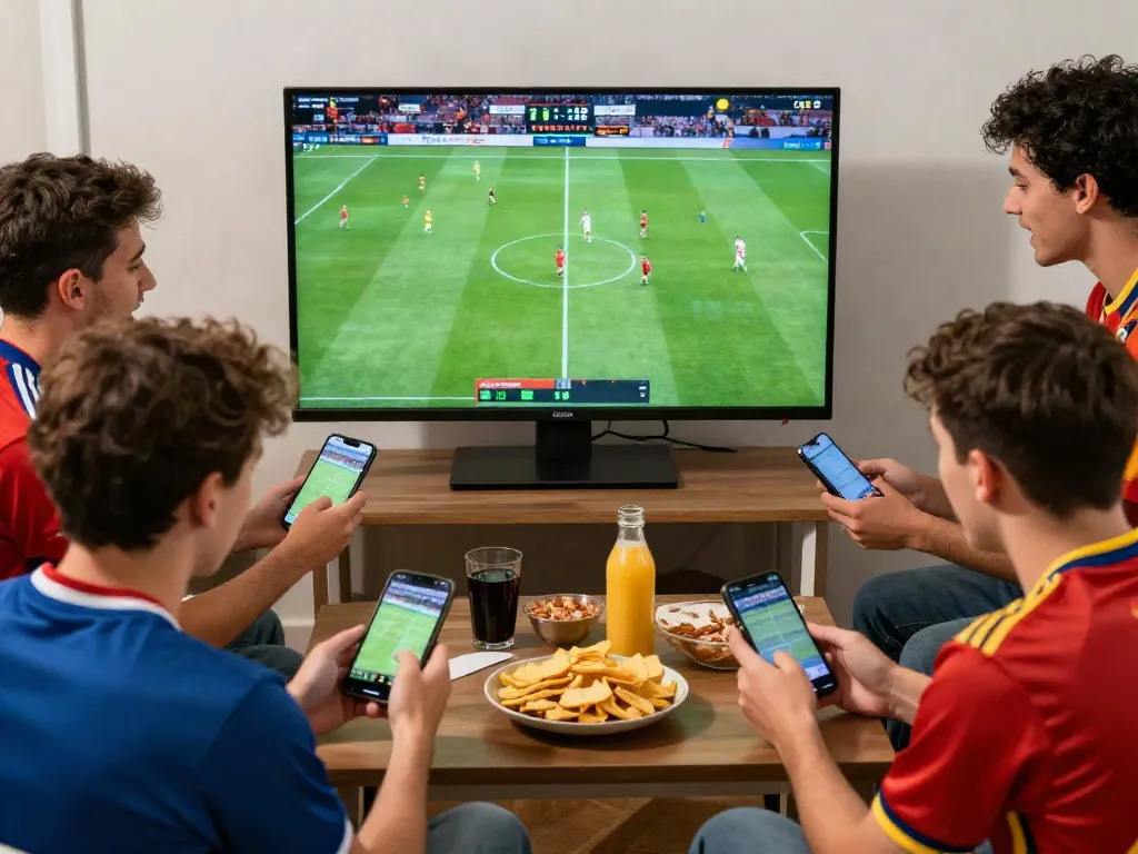 Friends enjoying live soccer betting on WWBOLA platform, celebrating team moments.