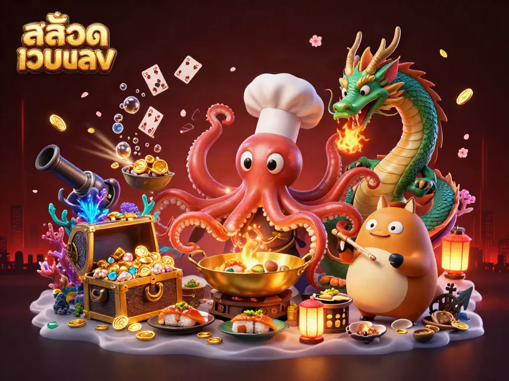 Engage with thrilling สล็อตเว็บตรง gameplay in this vibrant, rich 3D illustration featuring a sushi chef octopus and friends.