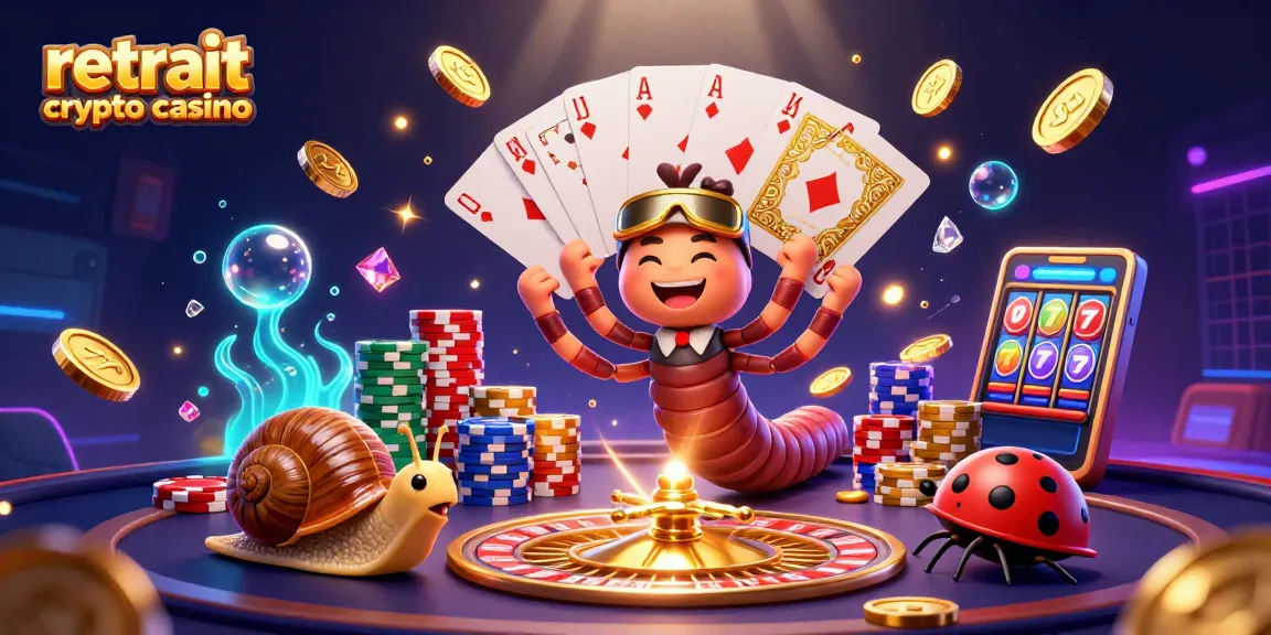 Profitez du retrait crypto casino avec un croupier mille-pattes et un escargot parieur dans une scène dynamique