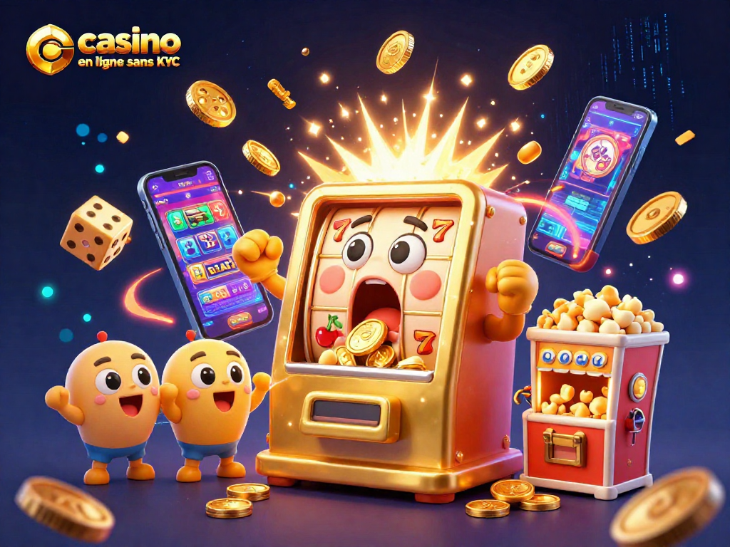Gagnez des jackpots avec des casinos en ligne sans KYC, illustré par une machine à sous dorée s'exclamant d'émerveillement.