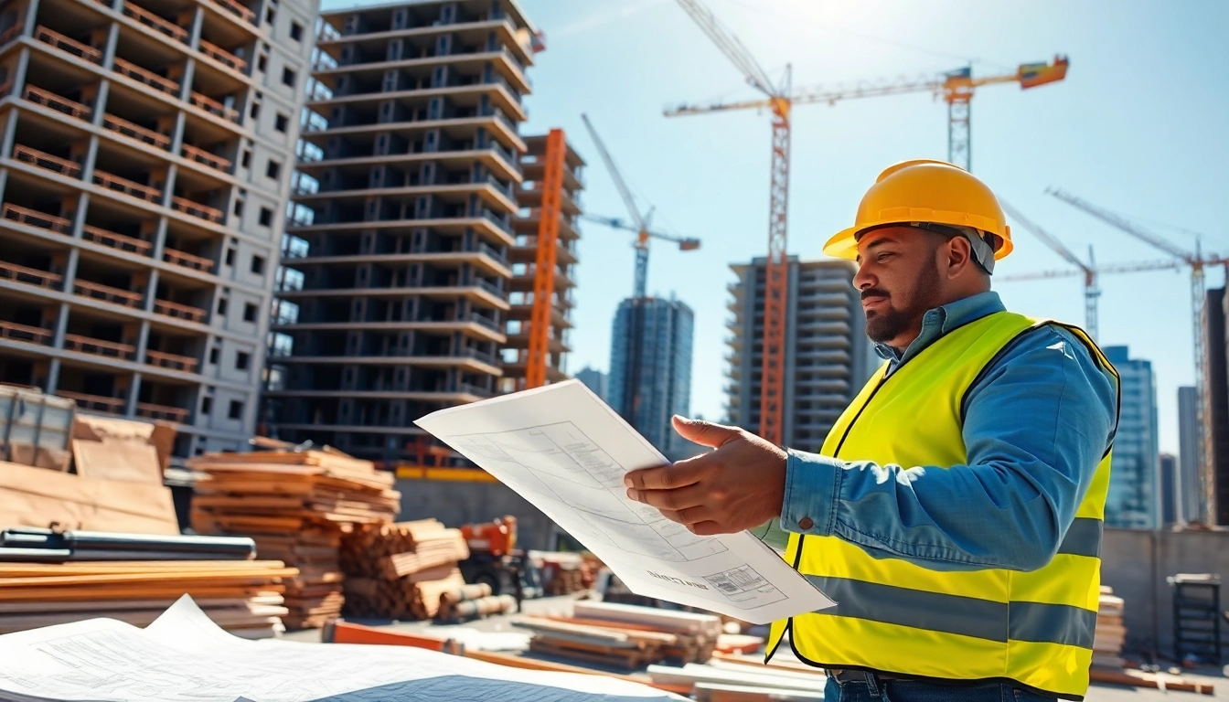 Experienced Manhattan Commercial General Contractor assessing construction plans on-site with building materials.