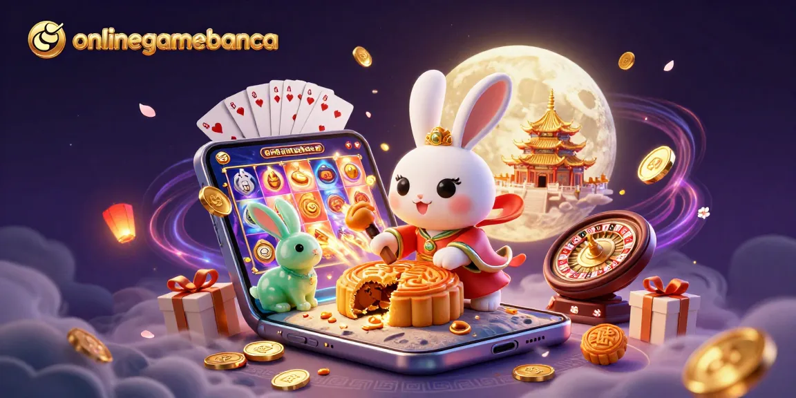 Play thrilling games on onlinegamebanca while a moon rabbit showcases poker chips bursting from mooncakes.
