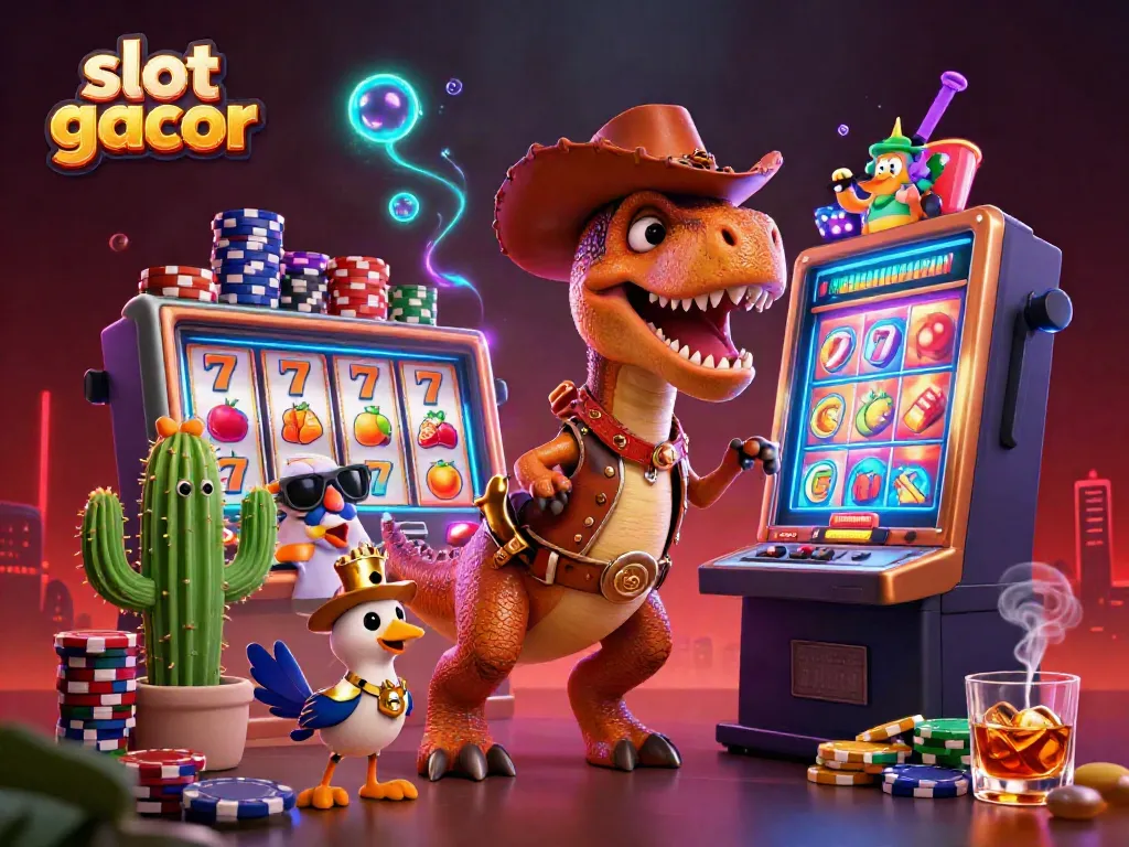 Spin the slot gacor reels alongside a cartoon dinosaur and friends in a vibrant casino scene.