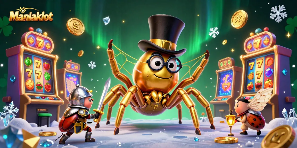 Experience thrilling spins on Maniakslot with golden tarantulas and beetle knights in an enchanting casino scene.