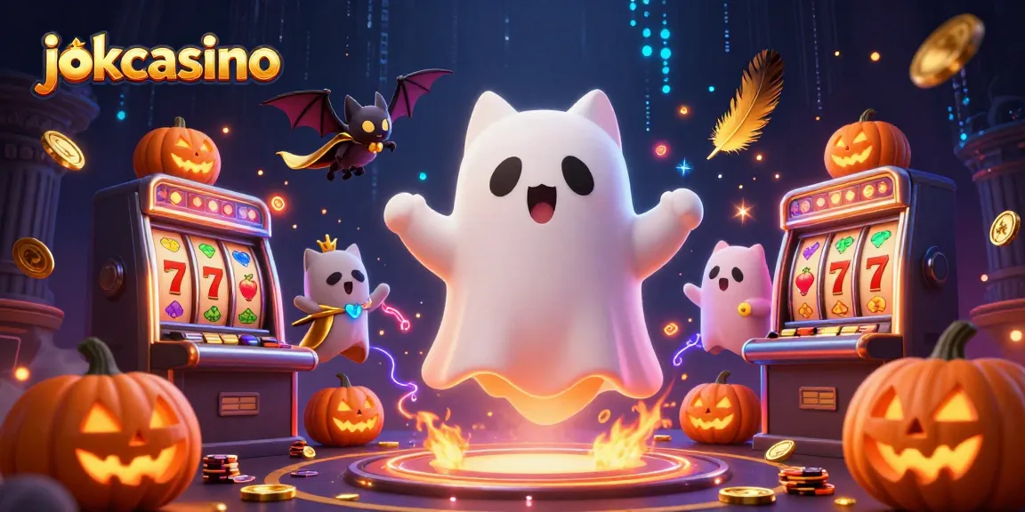 Engage with jokacasino's haunted adventure featuring a ghost cat and vampire bat at a lively slot machine scene.