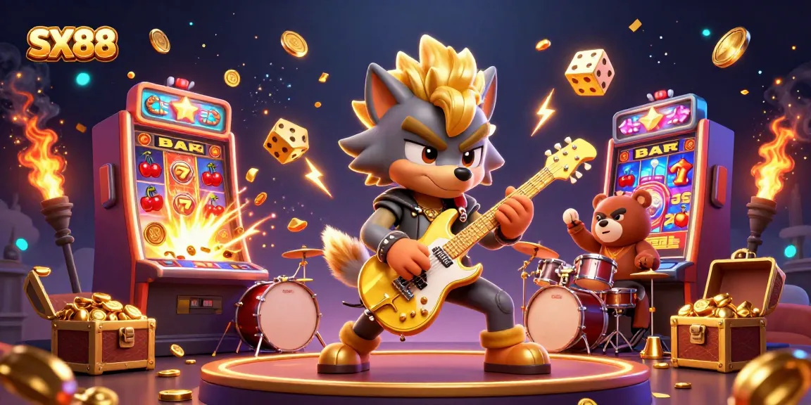 SX88 features a rock star wolf and drummer bear amidst a lively jackpot scene with dynamic casino elements.