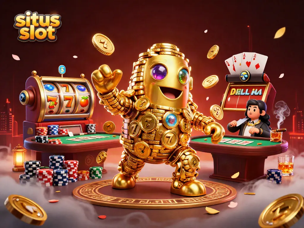Ilustrasi 3D golem emas berisi simbol mesin slot menggoda para pemain situs slot