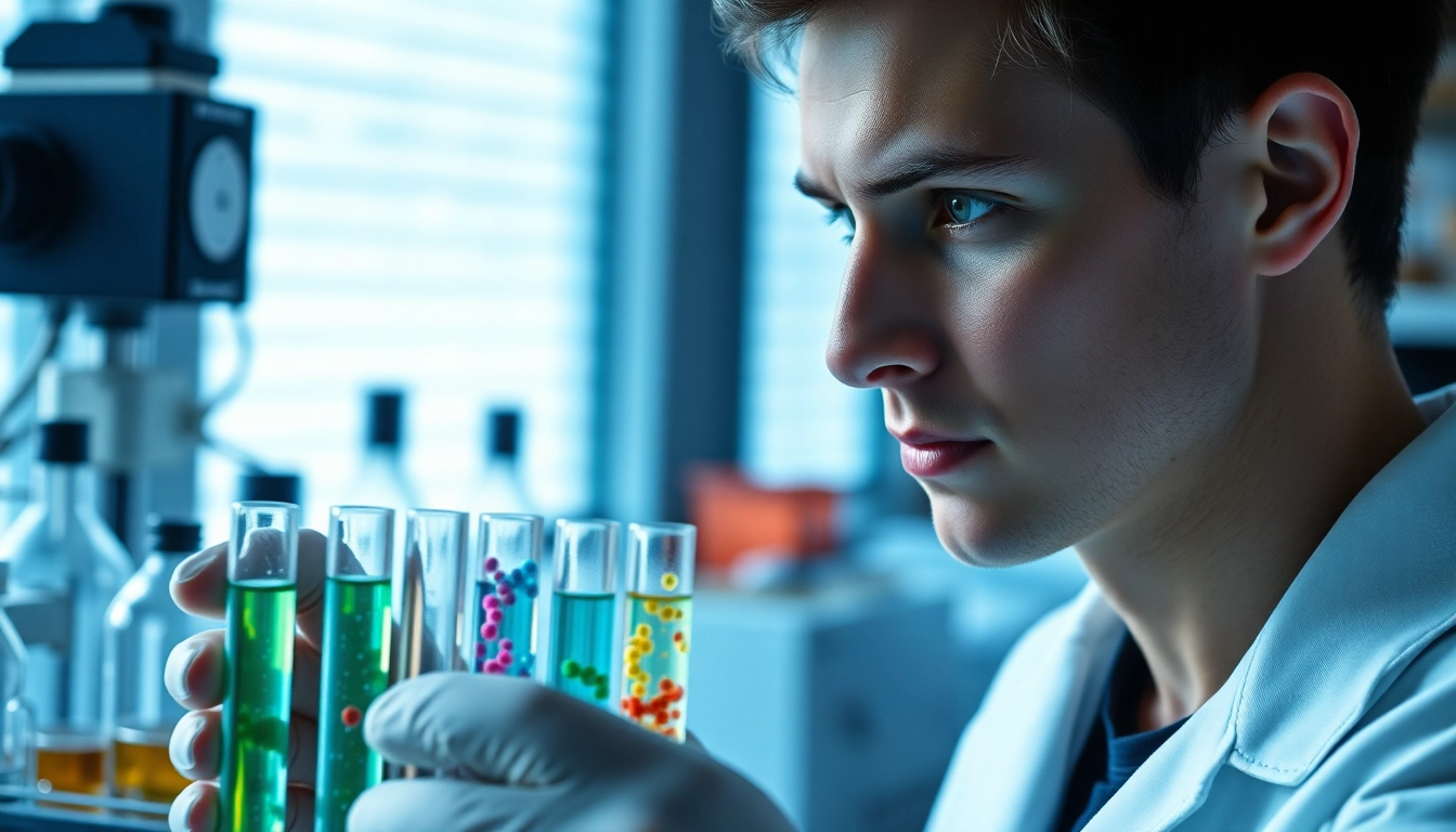 Research peptides for sale displayed in a vibrant laboratory setting with a focused researcher.