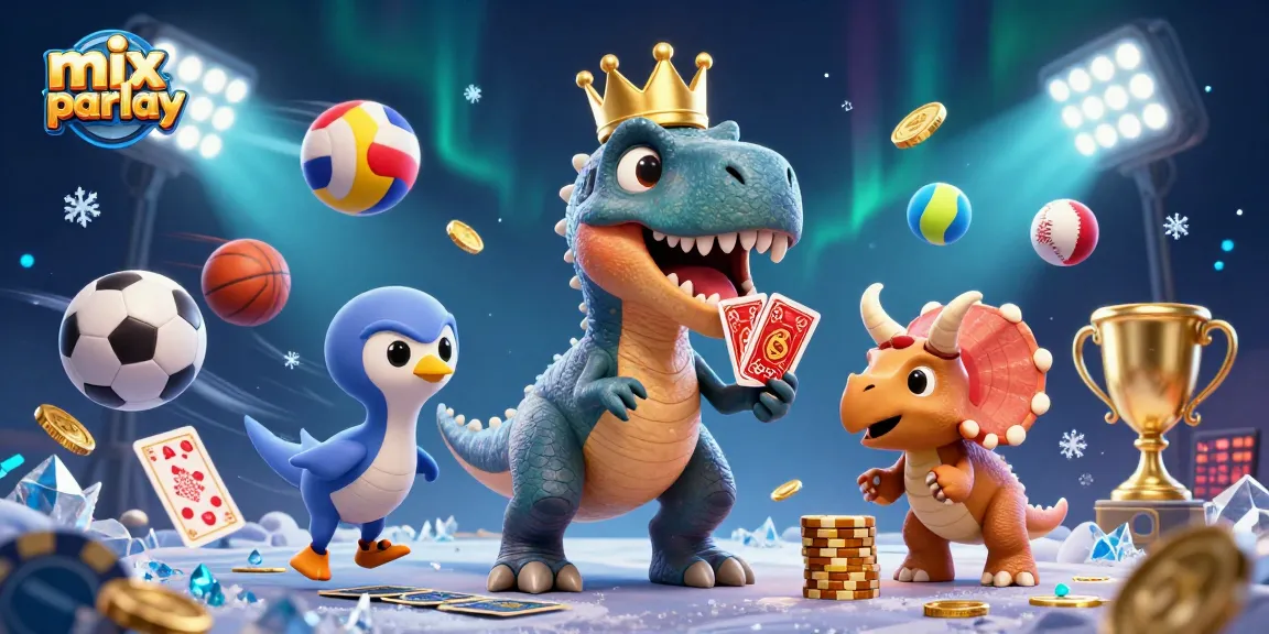 Engage in dynamic mix parlay betting with vibrant T-Rex, pterodactyl, and triceratops in action.