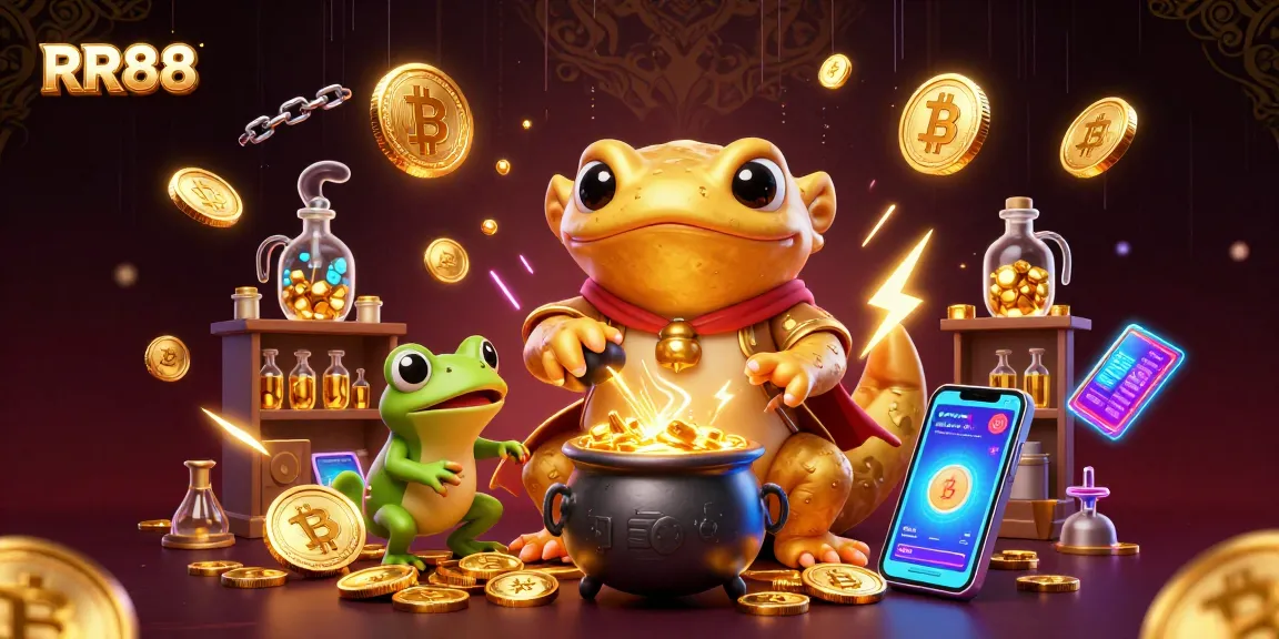 Win with RR88 as a golden salamander alchemist and a frog apprentice transform coins and crypto in a lively casino scene.