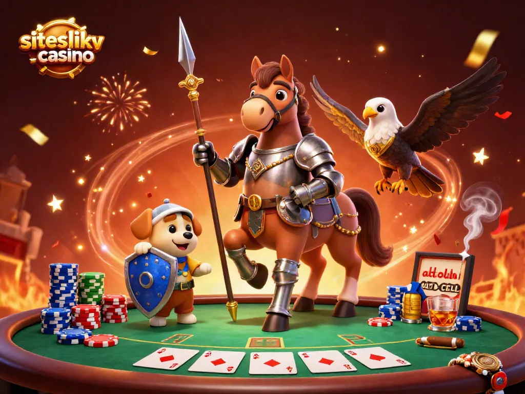 Play exciting poker at siteslikewildcasino with a medieval knight and puppy amidst colorful chips.