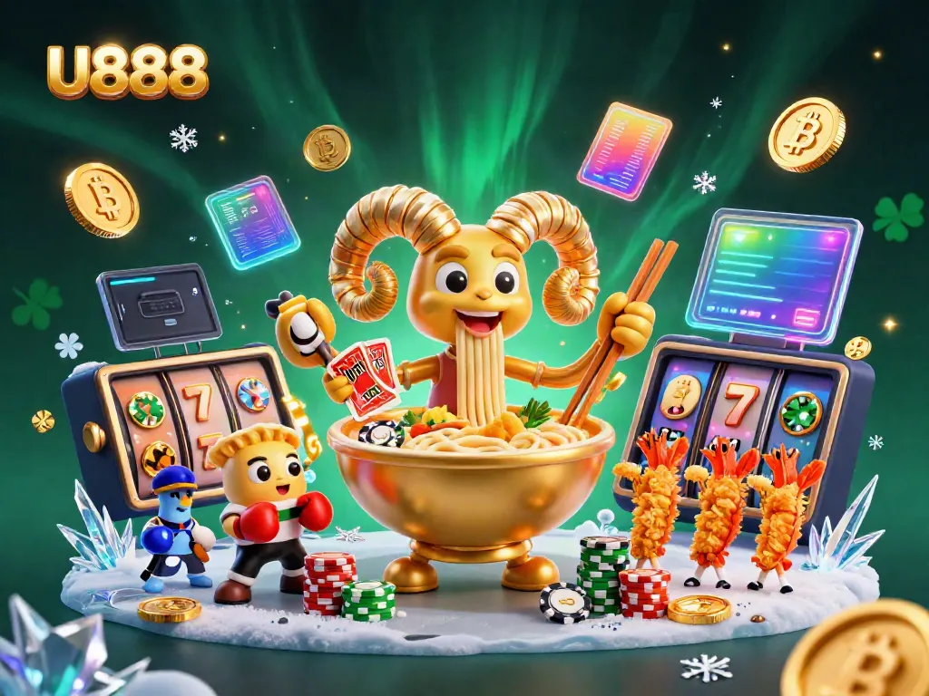 U888 brings vibrant casino fun with a giant ramen bowl dealer, colorful game elements, and cheering sushi characters.