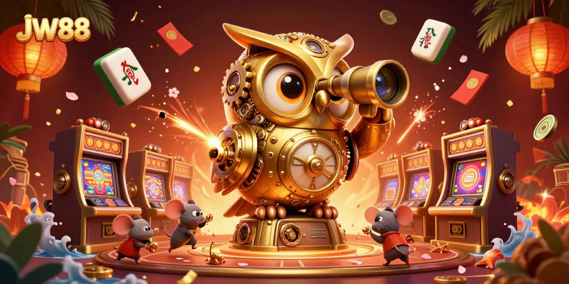 Experience thrilling casino action at JW88 with a vibrant illustration of a clockwork owl and whimsical characters.