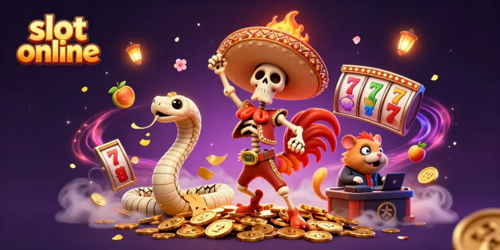 Play exciting slot online games with a vibrant cartoon scene filled with vivid characters and elements.