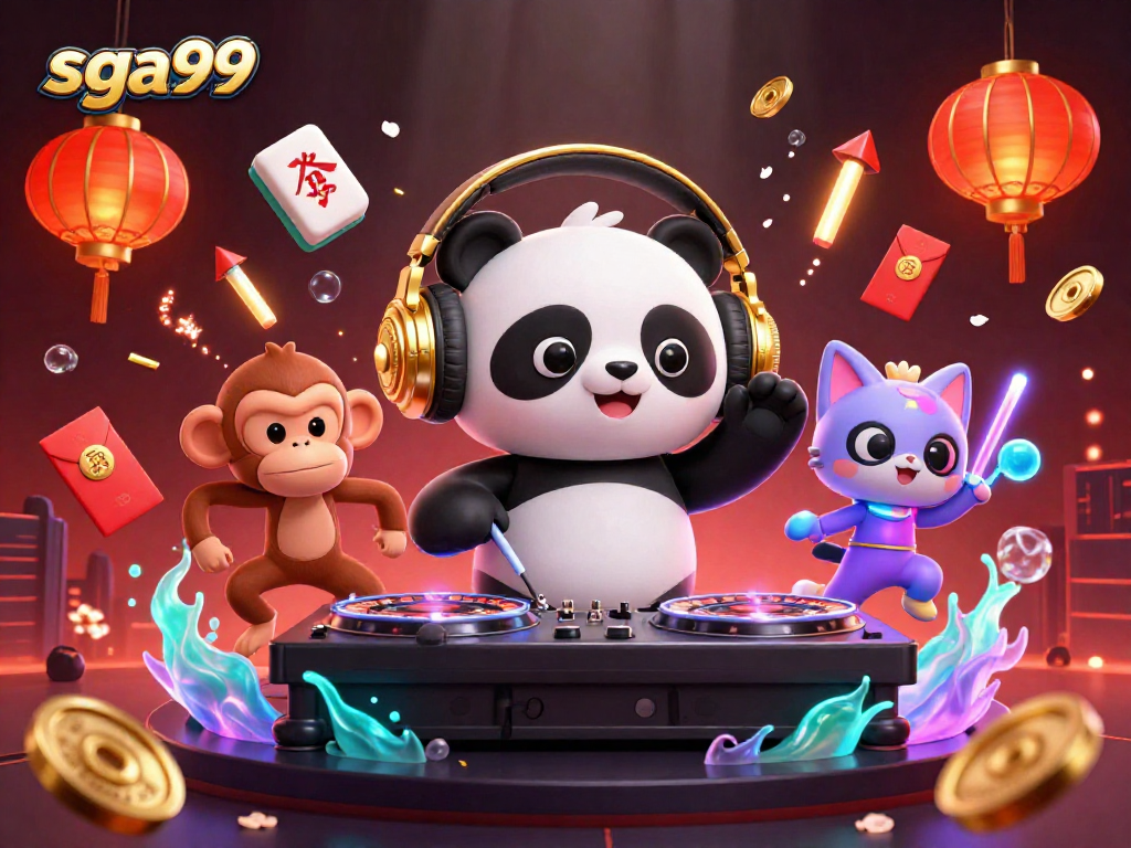 Experience excitement with sga99 as a DJ panda spins and characters dance amidst gambling symbols.
