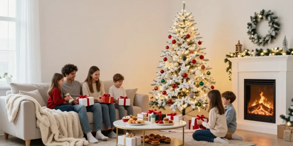 Beautiful white artificial Christmas tree with lights and festive decorations in a warm family living room.