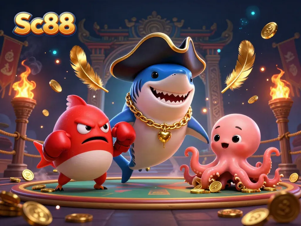 Experience thrilling adventures with Sc88 in a vibrant 3D casino scene featuring a pirate shark and friends.