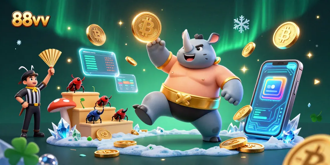 Experience thrilling wins with 88vv in a vibrant casino scene featuring 3D beetles and crypto elements.