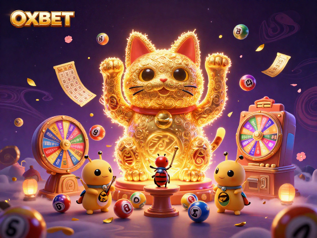Experience exciting gaming fun with OXBET, featuring a vibrant lucky cat and colorful lottery elements.