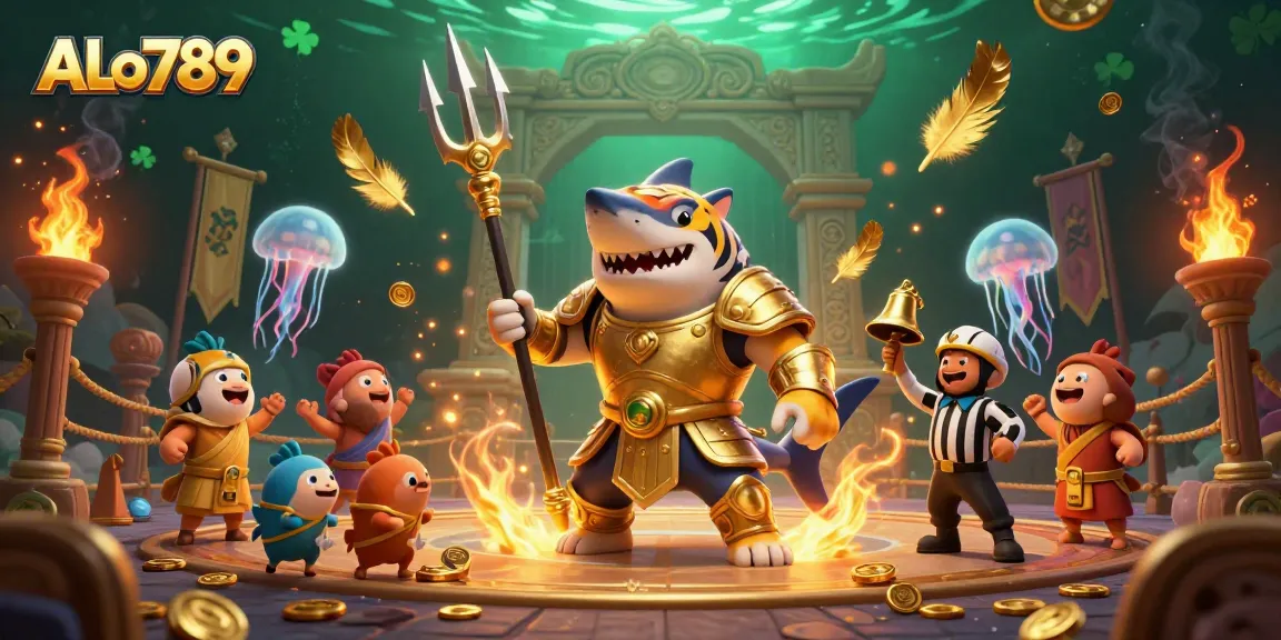 Experience thrilling action at ALo789's colosseum with a tiger shark champion, captivating fish crowd, and dynamic betting elements.