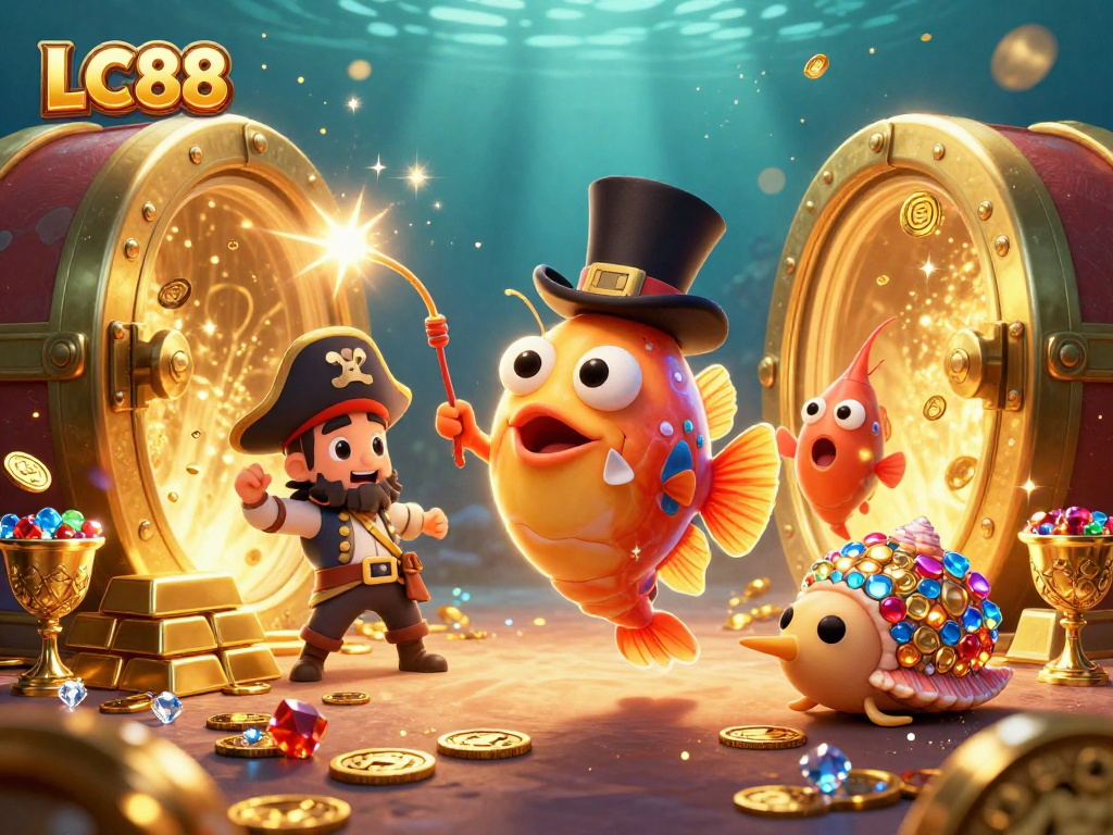 Experience the thrill of LC88 with a vibrant underwater casino scene featuring unique characters and jewels.