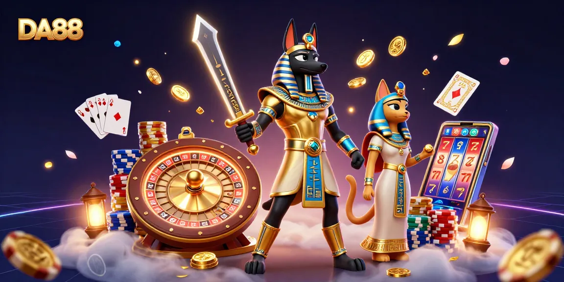 Experience thrilling gaming at DA88 with vibrant slot machines, gold coins, and ancient warrior elements.