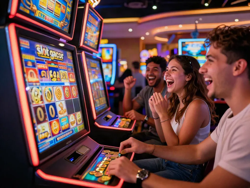 A lively casino scene with friends celebrating wins at a slot gacor machine, vibrant lights and coins enhancing the joyful atmosphere.